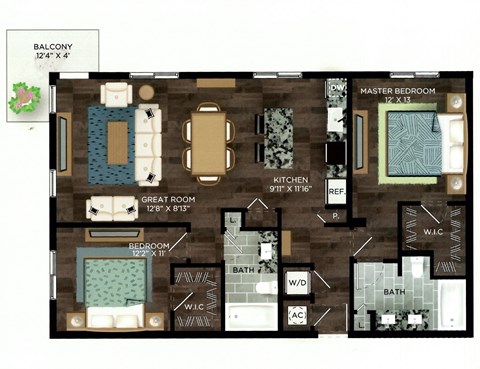 Floor plan for 2 beds, 2 baths, 1322 sqft